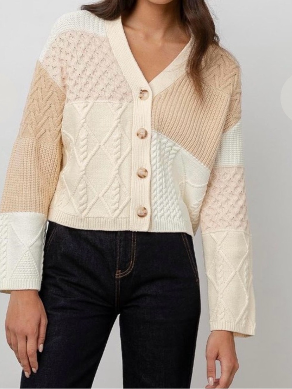 Rails Reese Mixed knit Cardigan Cream tan Patchwork Cable knit Women’s L Neutral